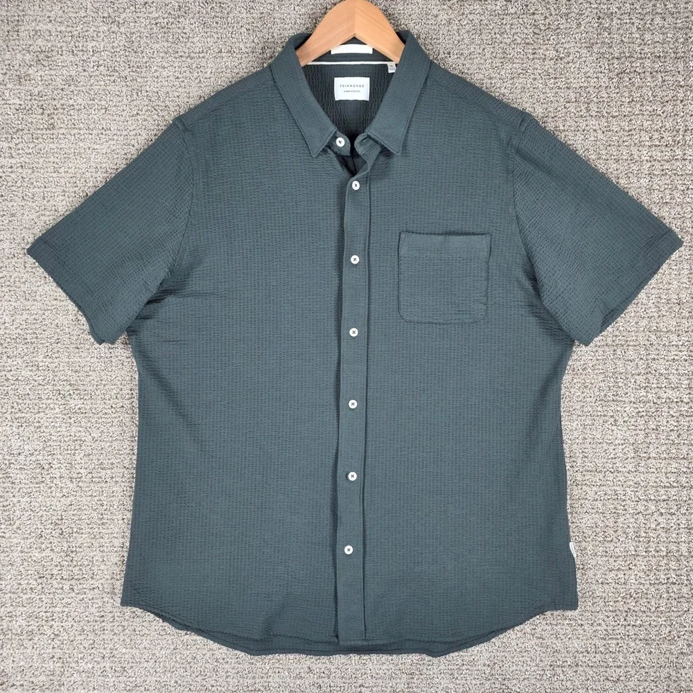 7 Diamonds Men XL Green Short Sleeve 4-Way Stretch Seersucker Button Down Shirt